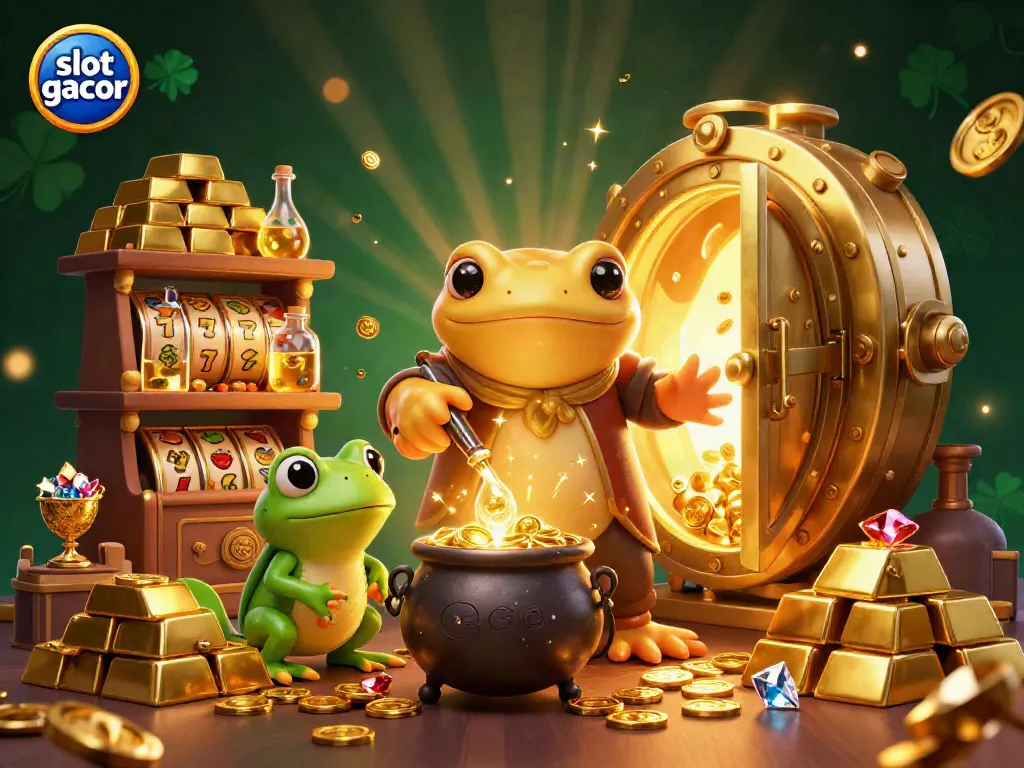 Experience the thrill of slot gacor with golden alchemist characters surrounded by jackpot elements and gems.