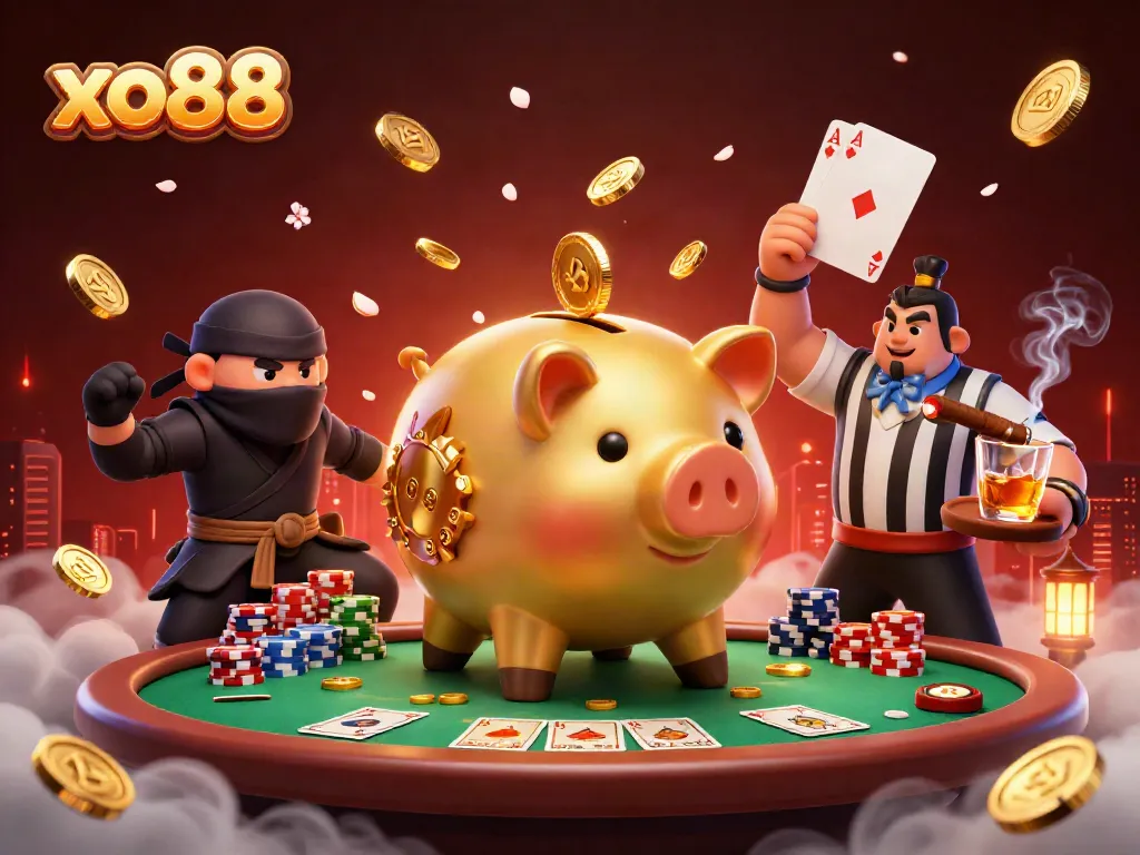 Experience exciting gameplay with xo88's dynamic casino scene featuring poised characters and vibrant game elements.