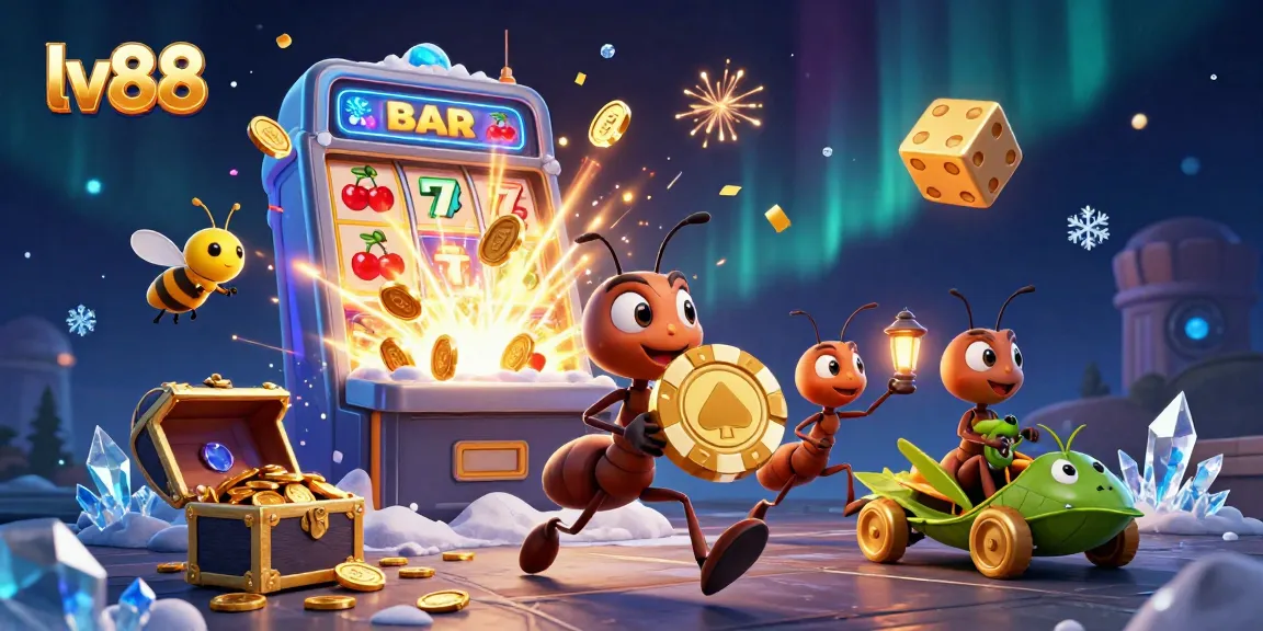 Experience the excitement of lv88 as cartoon ants heist a giant poker chip amidst vibrant slot machines and casino elements.
