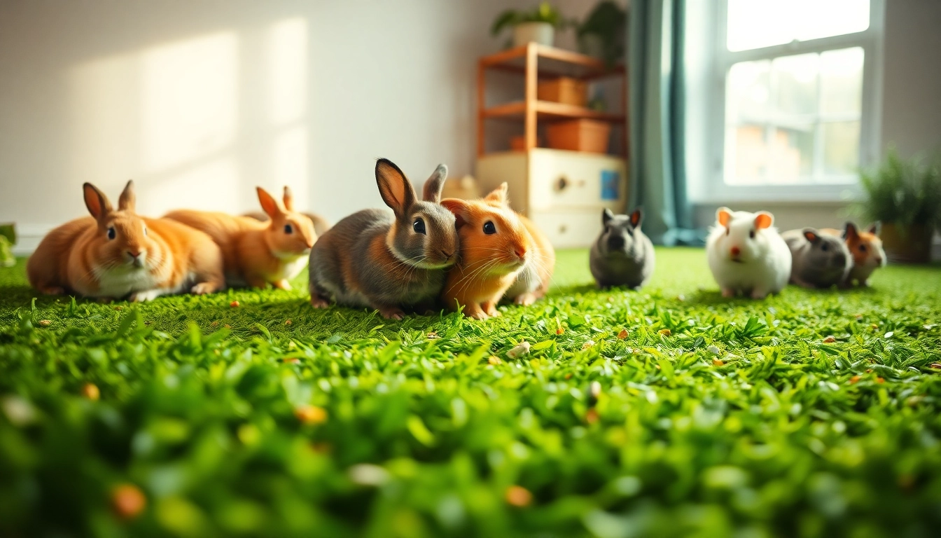 Hanfmatte im Einsatz, umgeben von glücklichen Kaninchen und Meerschweinchen in einer hellen, einladenden Umgebung.