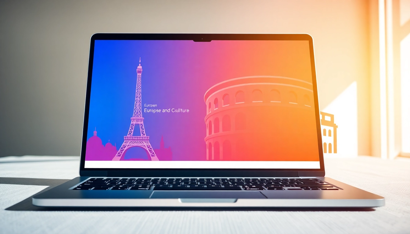 Begeisterte Nutzer bei einem Europa Quiz mit einem Laptop, umgeben von europäischen Wahrzeichen.