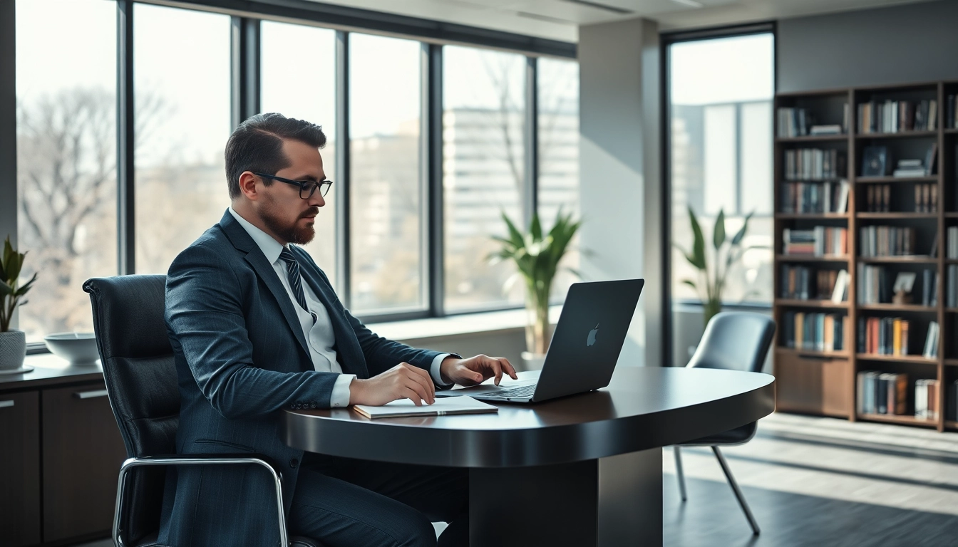 Headhunter CEO analysiert Lebensläufe in einem modernen Büro mit eleganter Einrichtung.