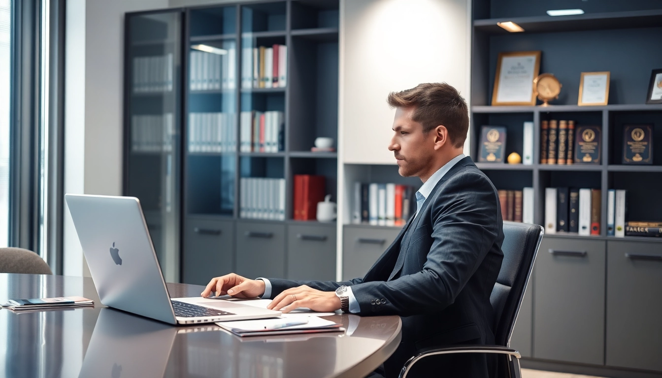 Professioneller Headhunter analysiert Bewerberdaten am Laptop im modernen Büro.