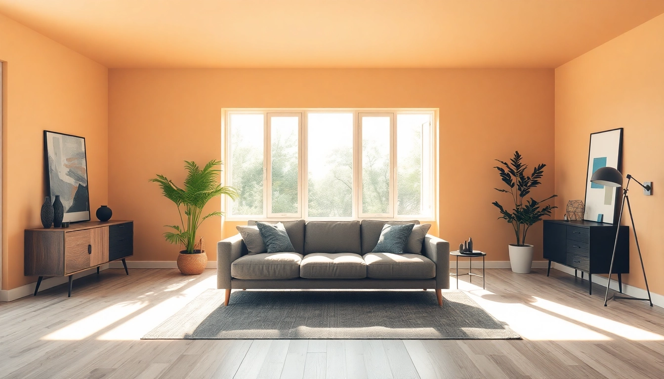 Moderne Raumgestaltung mit harmonischen Farben und einem stilvollen Sofa im Mittelpunkt