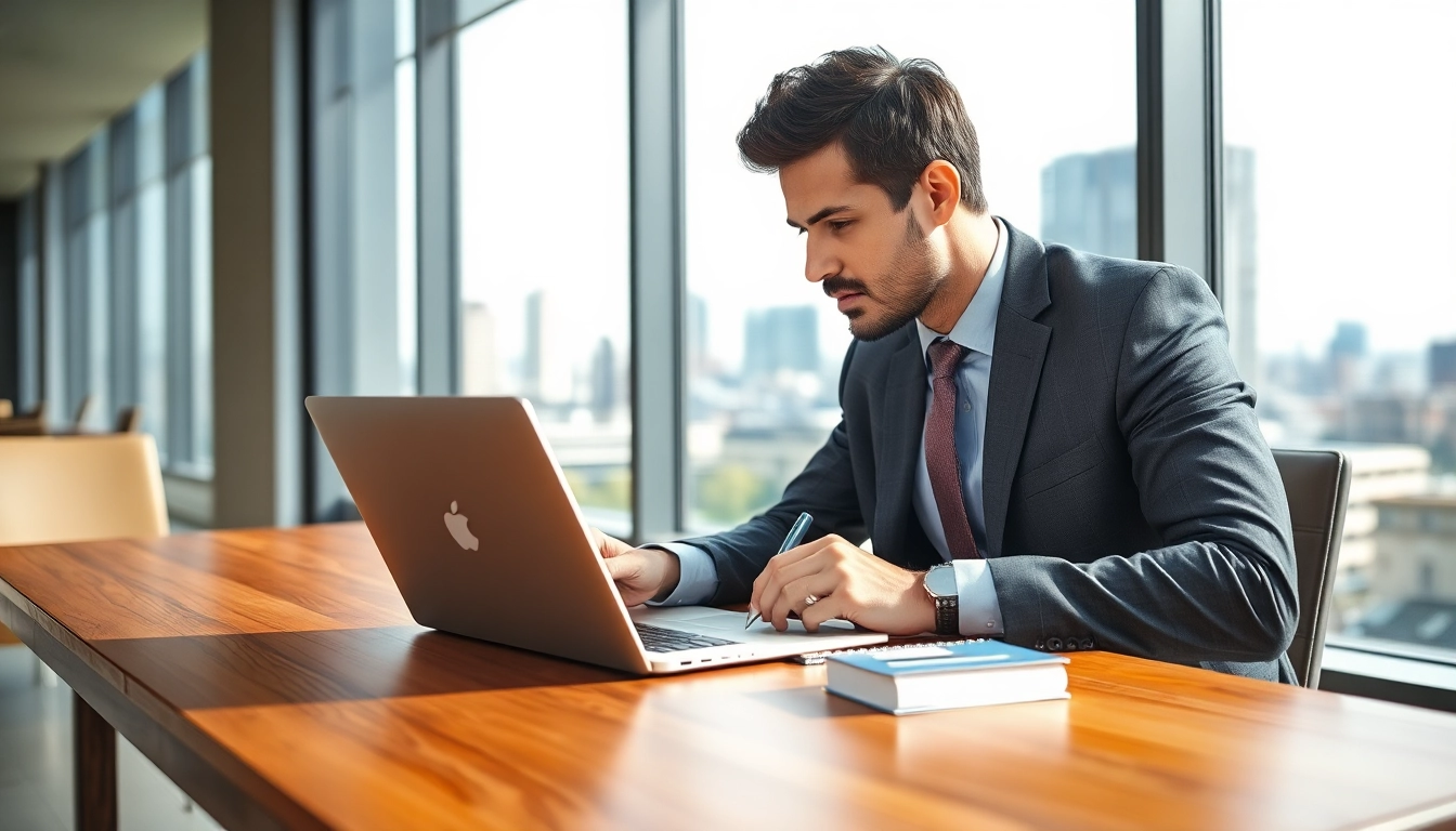 Headhunter Frankfurt, der in einem eleganten Büro arbeitet und konzentriert auf einen Laptop schaut.