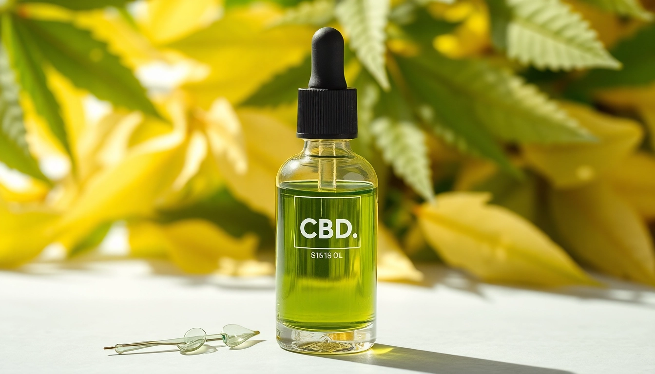 CBD Öl in einer stilvollen Glasflasche vor Hanfblättern präsentieren.