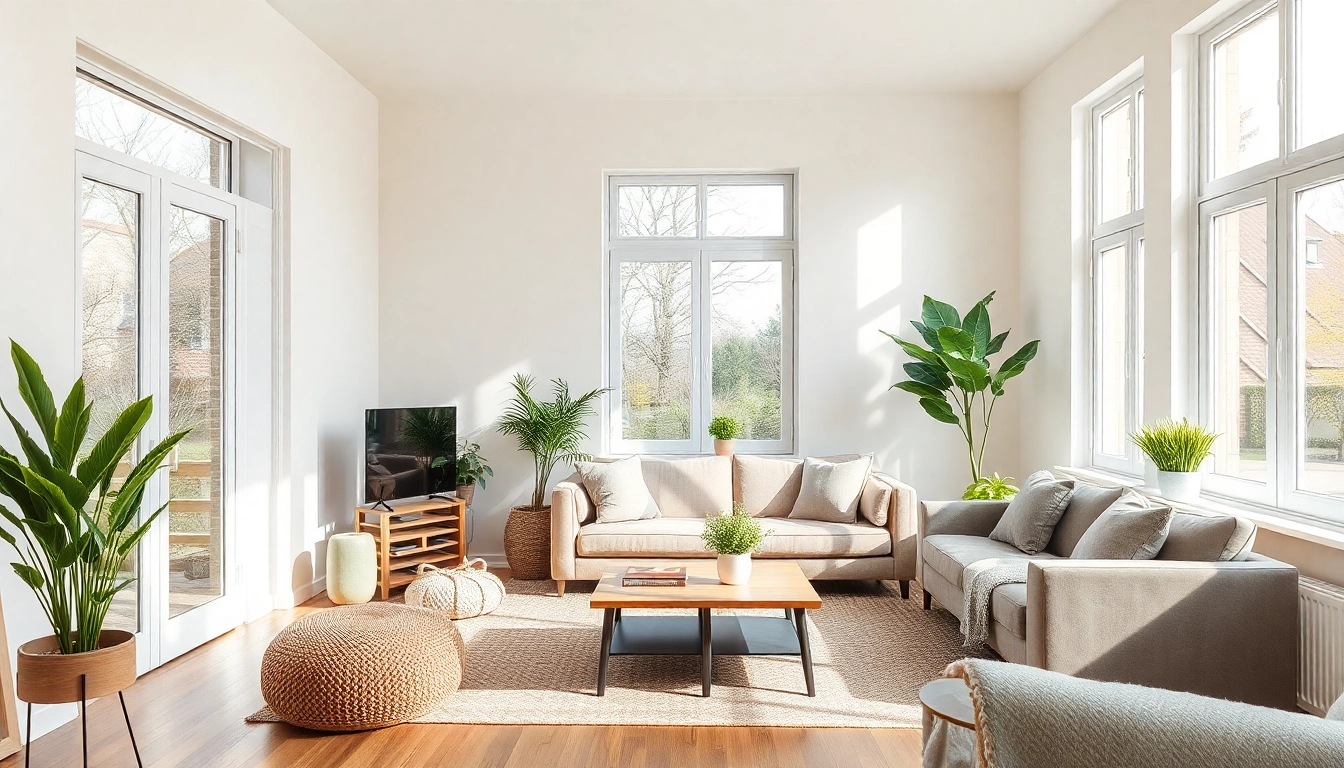 Raumgestaltung in einem hellen, einladenden Wohnraum mit Pflanzen und stilvollen Möbeln.