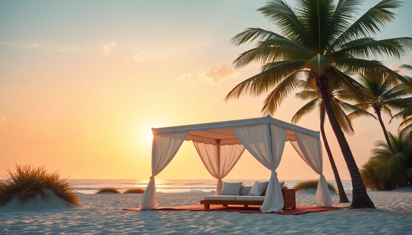 Genieße entspannende Momente in einem Coastal Cabana mit Palmenschatten und Sonnenuntergang.