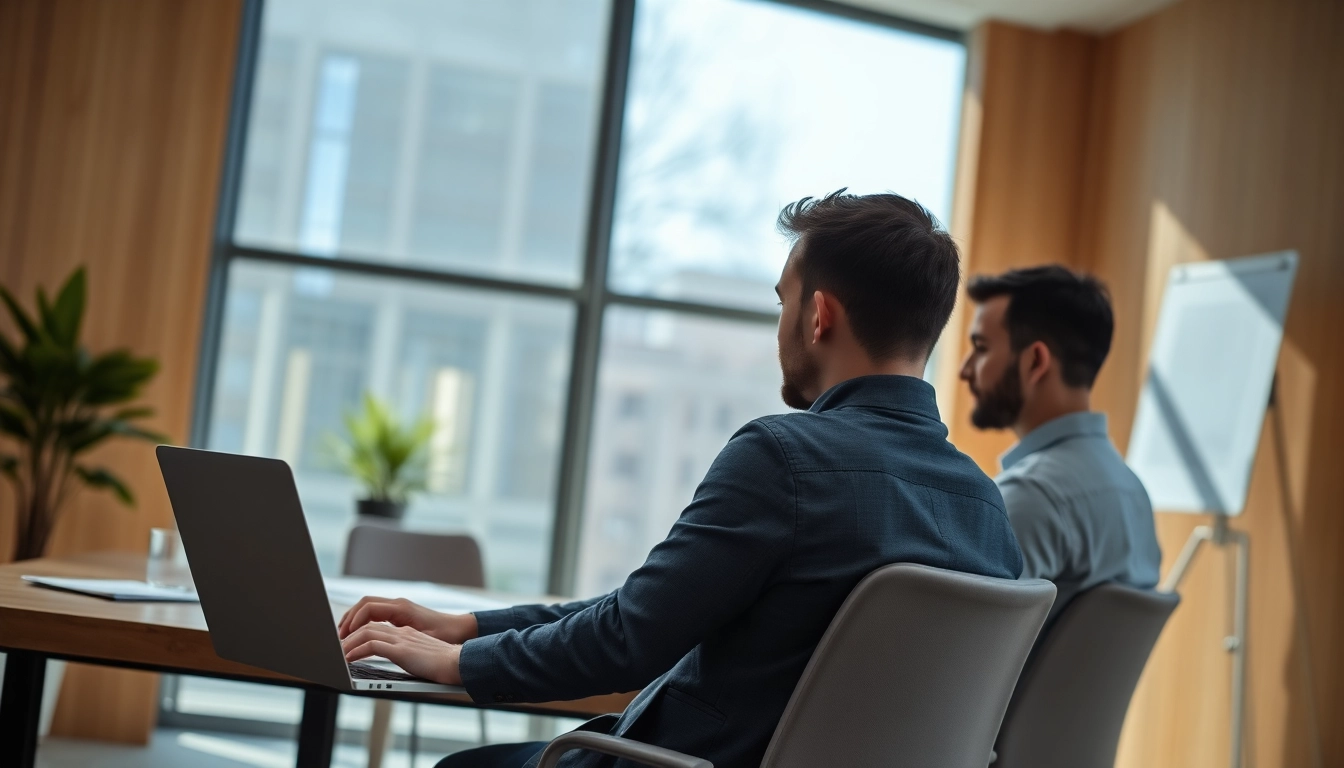 Headhunter IT, der in einem modernen Büro mit einem Bewerber spricht.