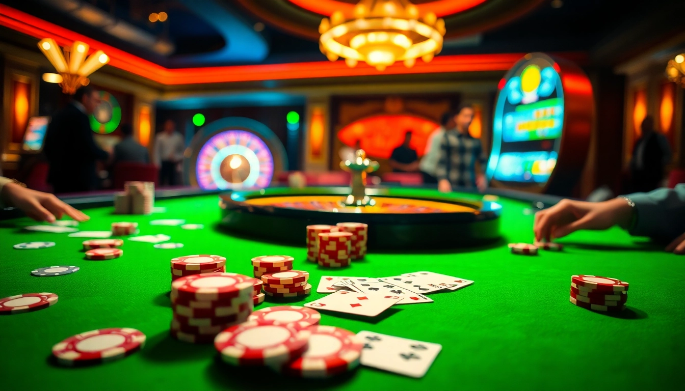 Players engaging in high-stakes gambling at S8 casino with vibrant tables and glowing slot machines.