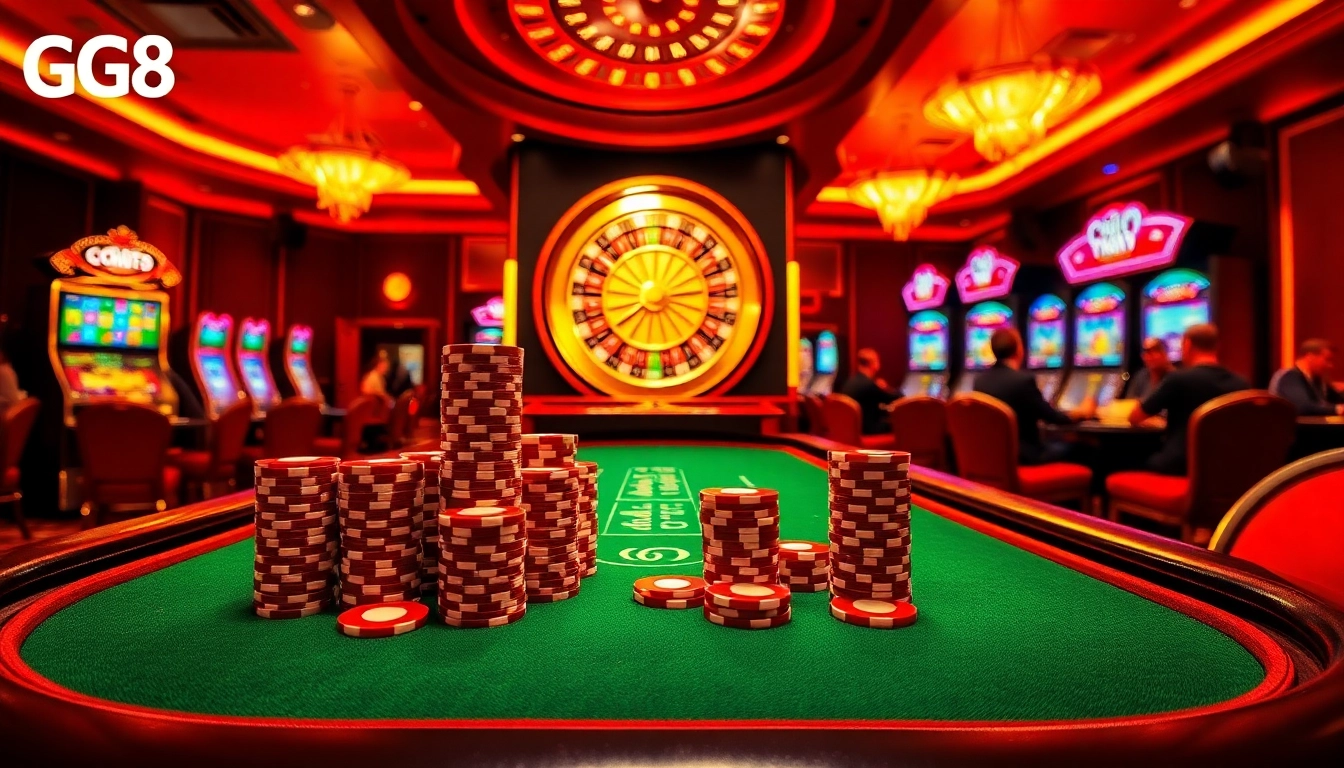 Engage with GG88's vibrant casino environment featuring poker chips and roulette wheel.