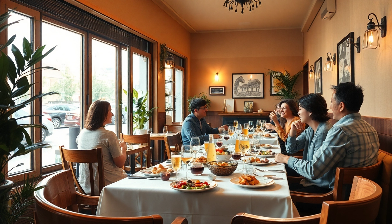 Das Bild zeigt ein einladendes Restaurant in der Nähe mit köstlichem Essen und einer warmen Atmosphäre.