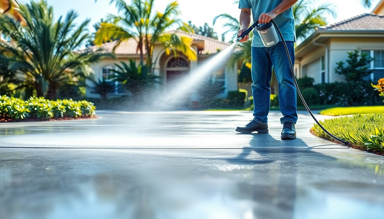 Driveway pressure wash service in Kissimmee, Florida, showcasing a professional cleaner transforming a dirty concrete driveway.