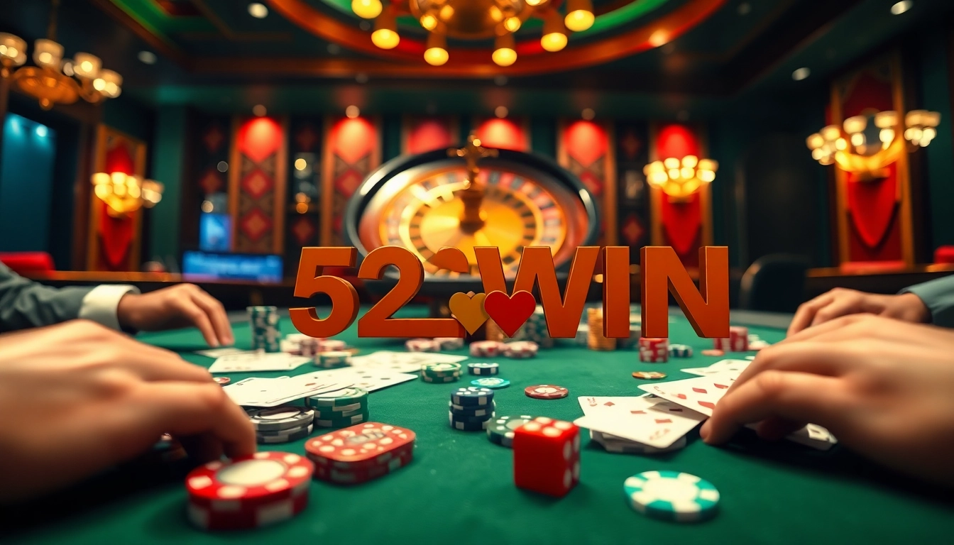 A player wins big at the poker table in 52WIN casino, showcasing chips and cards in an exhilarating atmosphere.