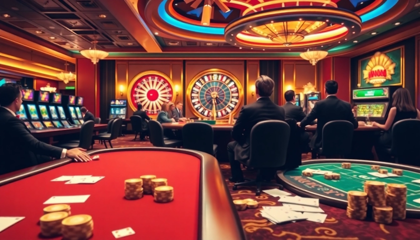 A vibrant casino scene at https://topclub.website/ with players at poker tables and a spinning roulette wheel.