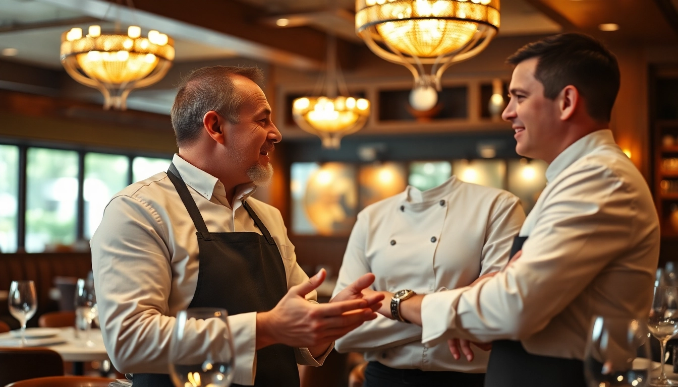 Headhunter Gastronomie führt ein inspirierendes Gespräch mit einem talentierten Koch in einem eleganten Restaurant.