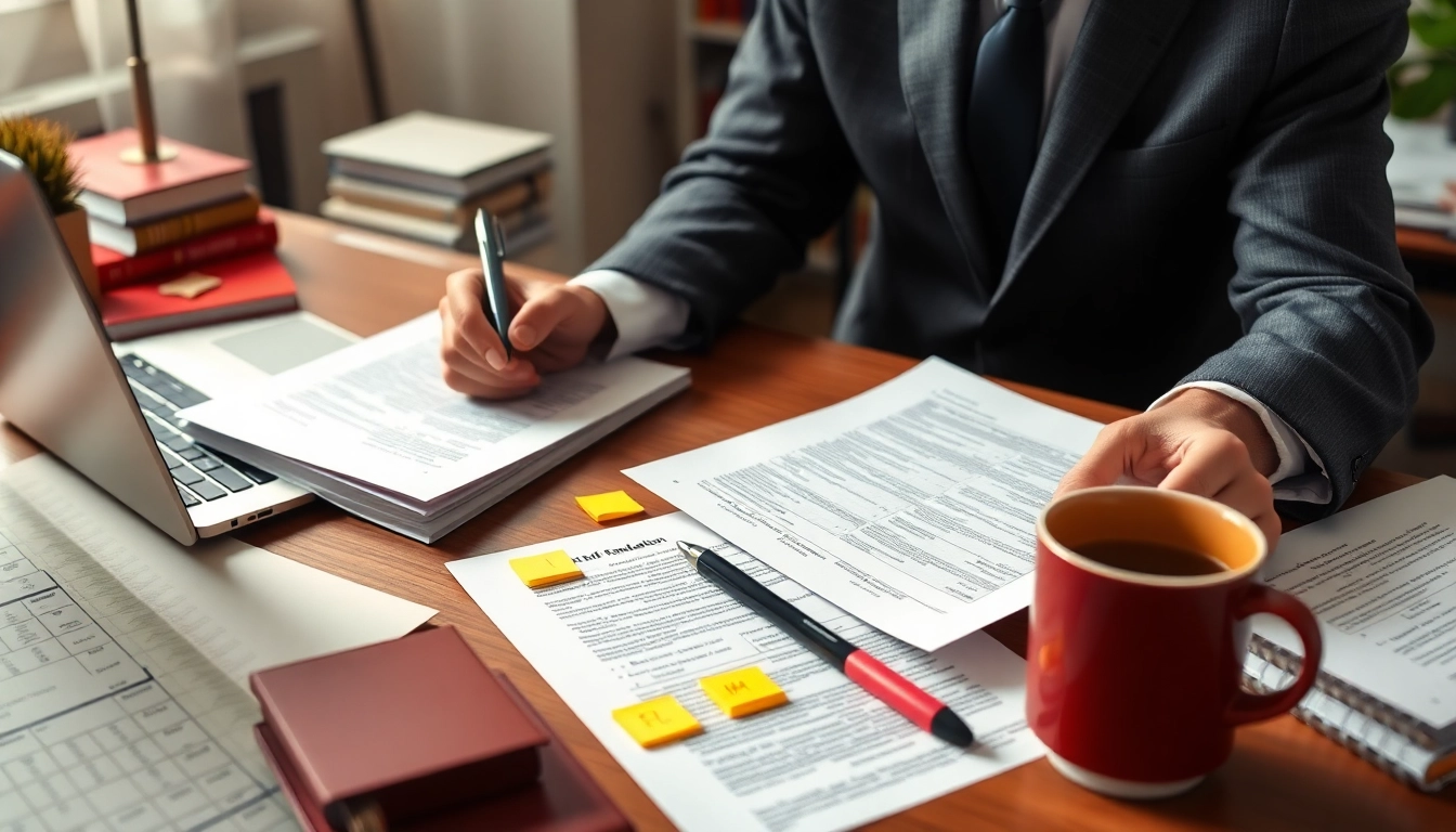 Vereidigter Übersetzer überprüft juristische Dokumente in einem professionellen Büro.