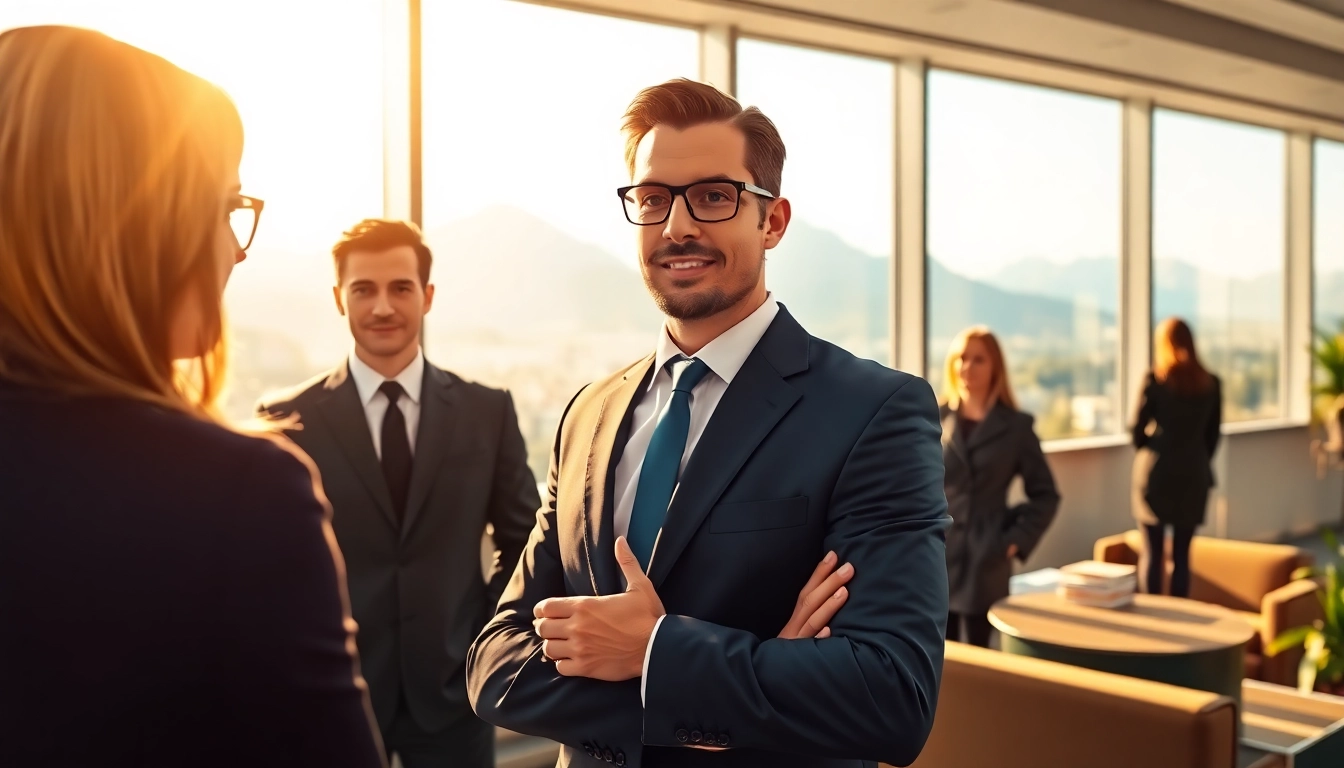 Headhunter Schweiz engagiert in einem modernen Büro mit Blick auf die Alpen.