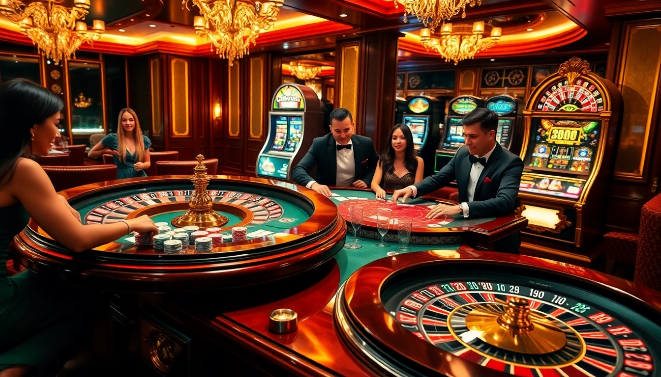 Experience the excitement of gambling at QH88 with a vibrant casino scene featuring poker, roulette, and slot machines.