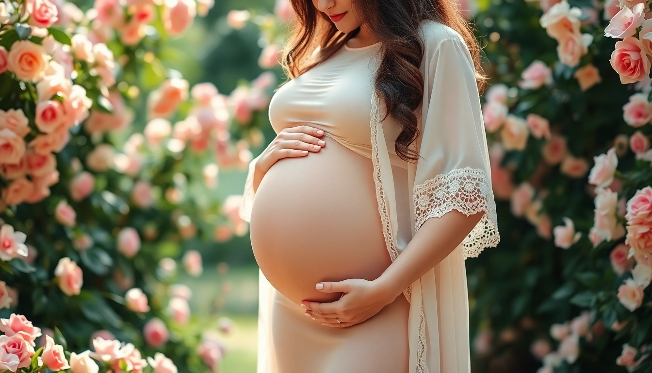 Schwangerschaftsfotografie zeigt eine werdende Mutter in einem blühenden Garten mit sanften Licht.