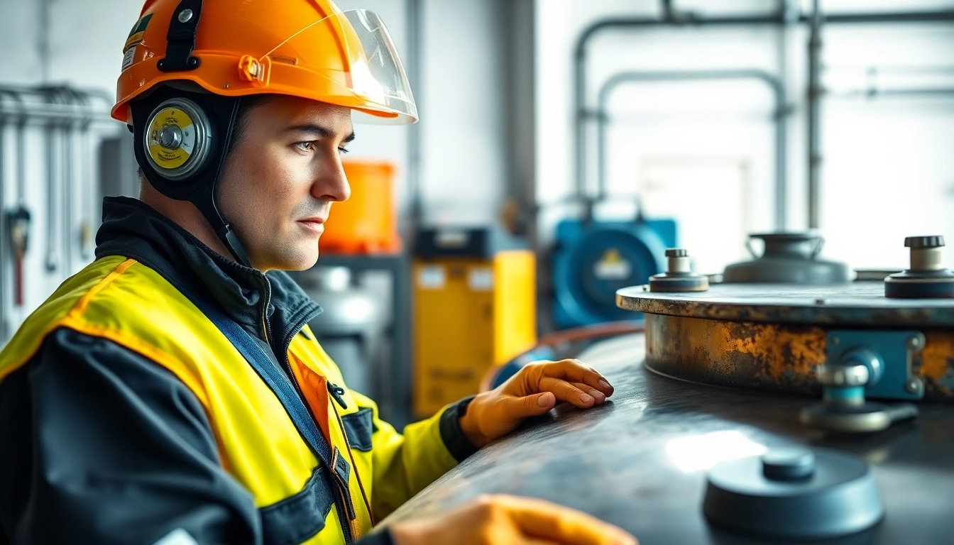 Öltankreinigung und Stilllegung mit einem Techniker, der ein Ölbehälter inspiziert.