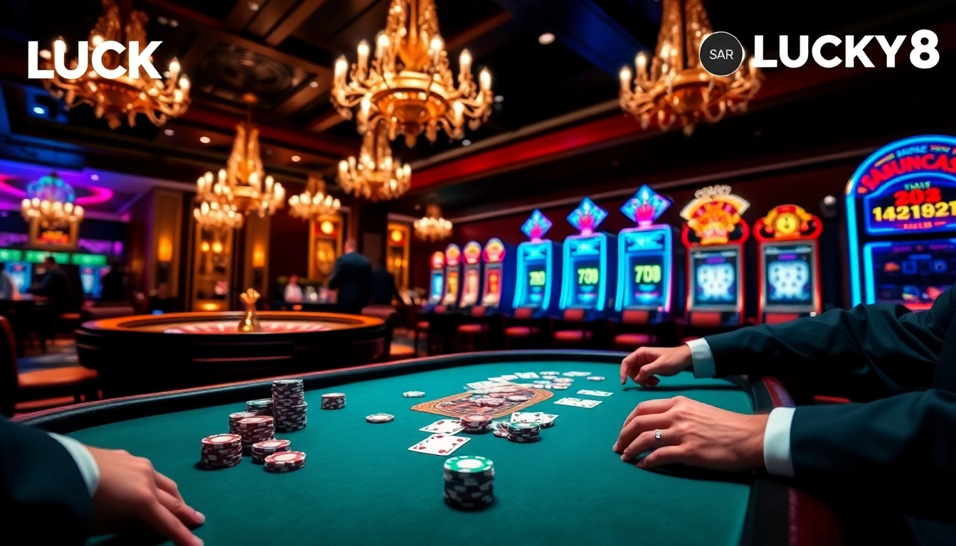 Những người chiến thắng ăn mừng tại bàn chơi poker LUCK8 với những lá bài và chip.