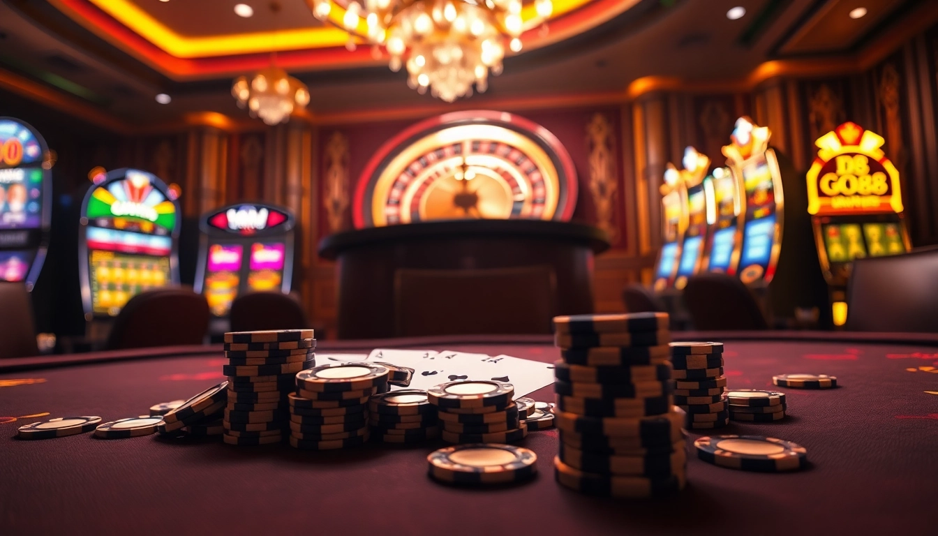 Go88 poker table scene showcasing thrilling gambling with cards and chips.