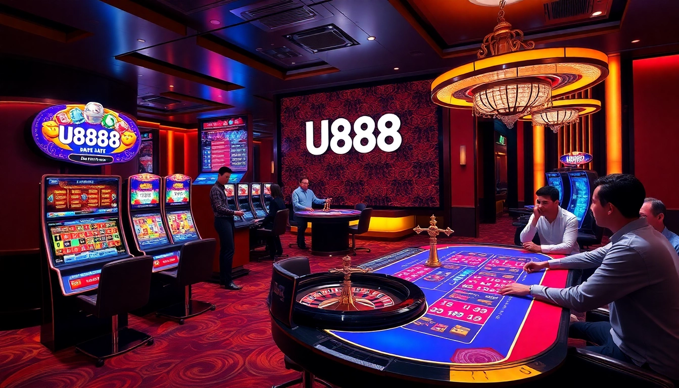 Experience high-stakes gaming at U888 with dynamic tables and vibrant slot machines showcasing excitement.