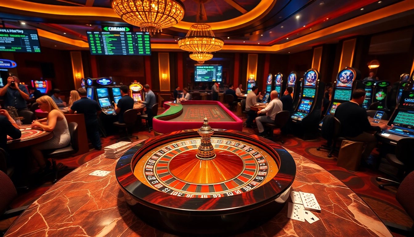 Players engaging in thrilling casino games at u888 com with vibrant roulette wheel and poker chips.