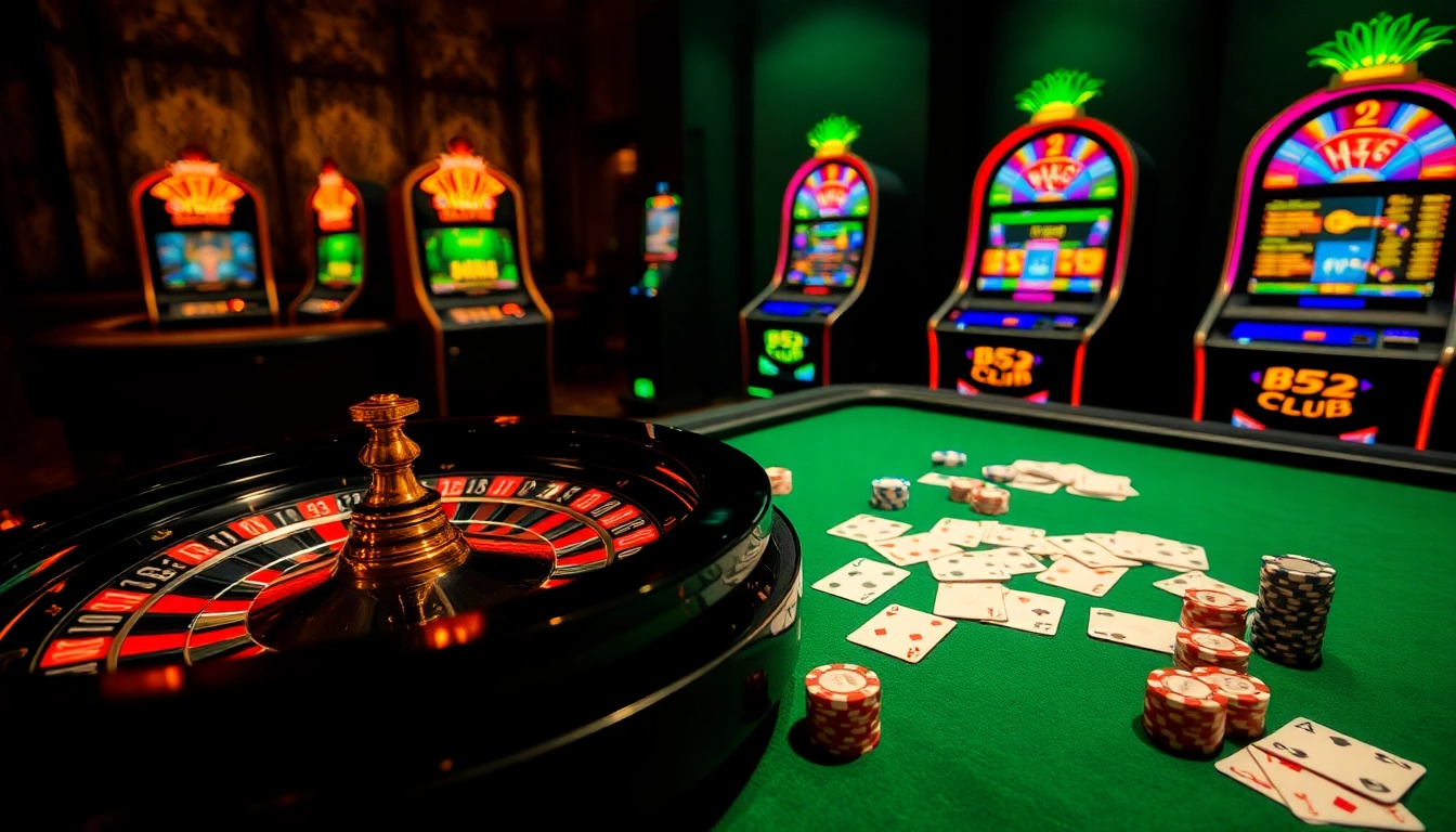 B52 Club casino scene showcasing roulette wheel, poker chips, and vibrant lighting for excitement.