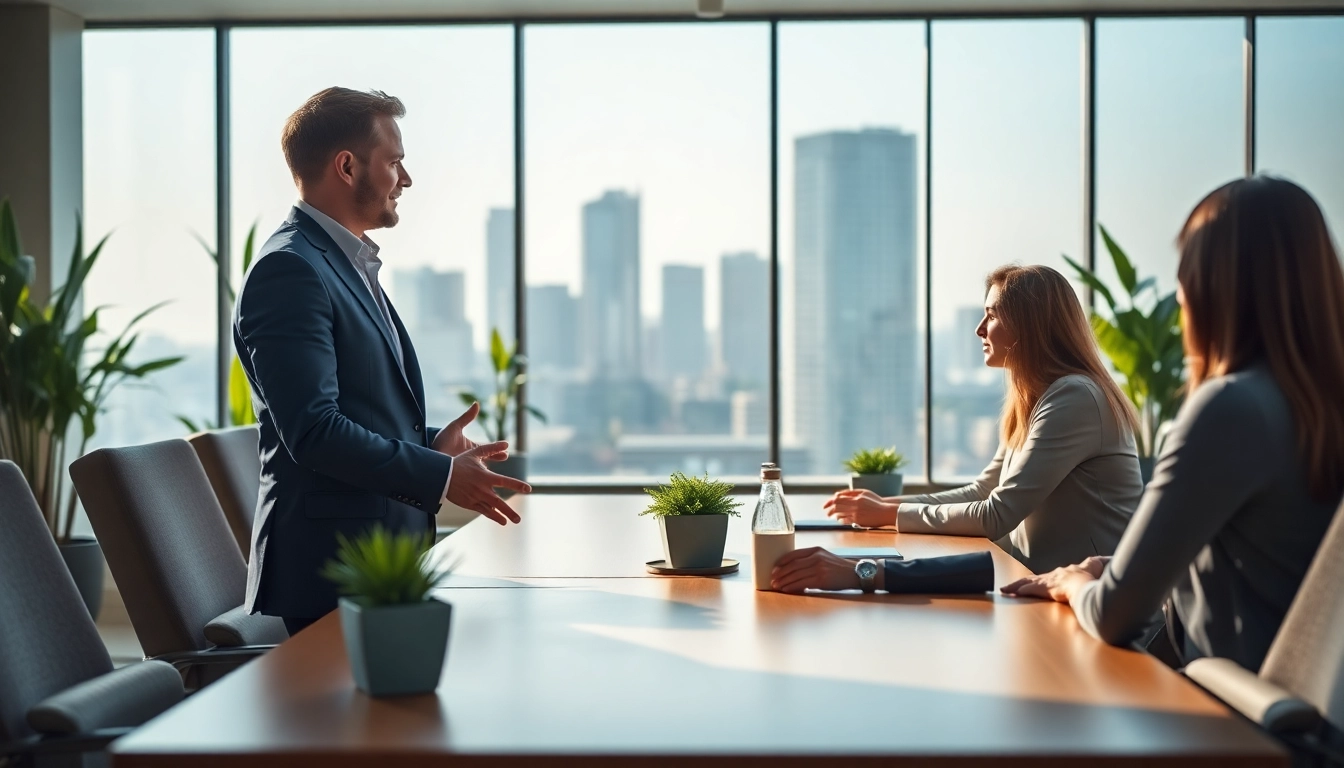 Personalberater diskutiert Strategien im modernen Büro mit Kunden.