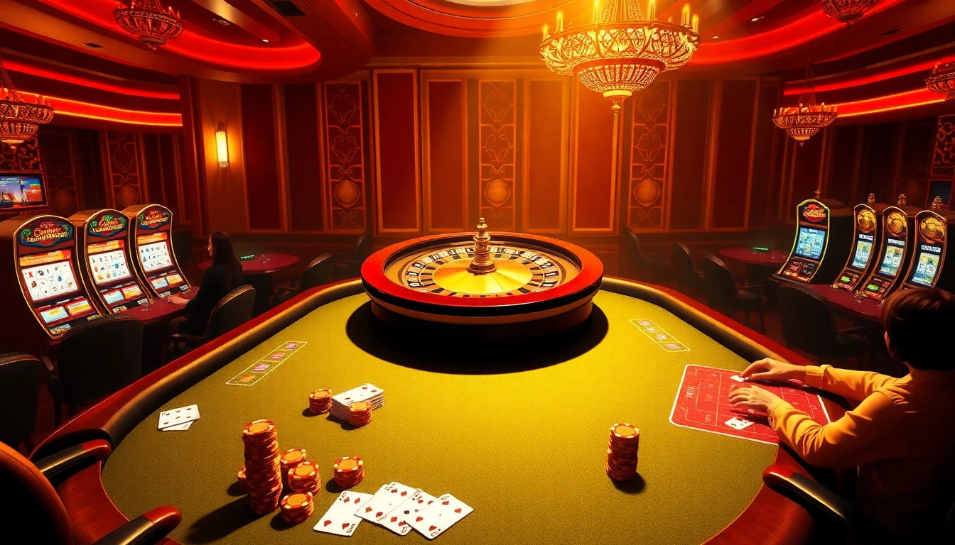 Casino environment showcasing live betting and games at https://gk88.city/, featuring poker tables and roulette wheel.