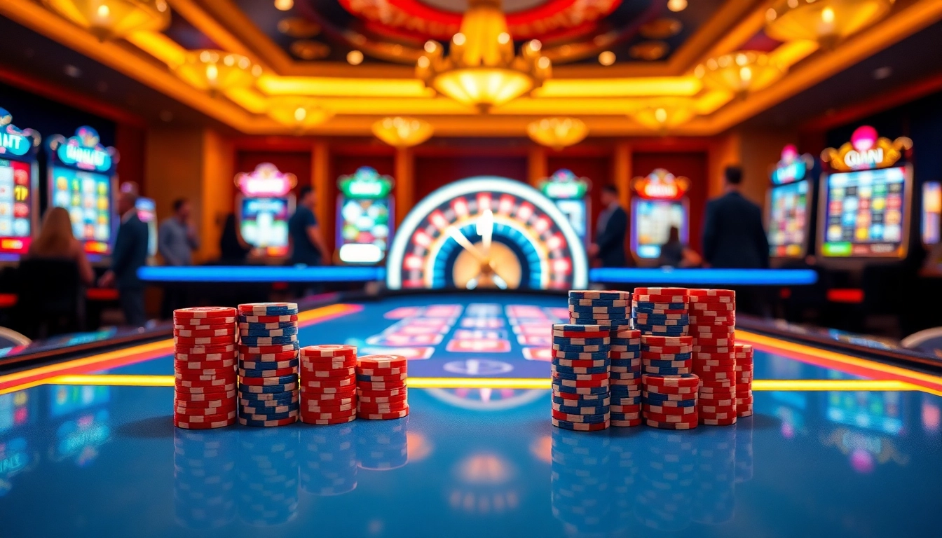 VVJL gaming table with poker chips and roulette wheel in an elegant casino.