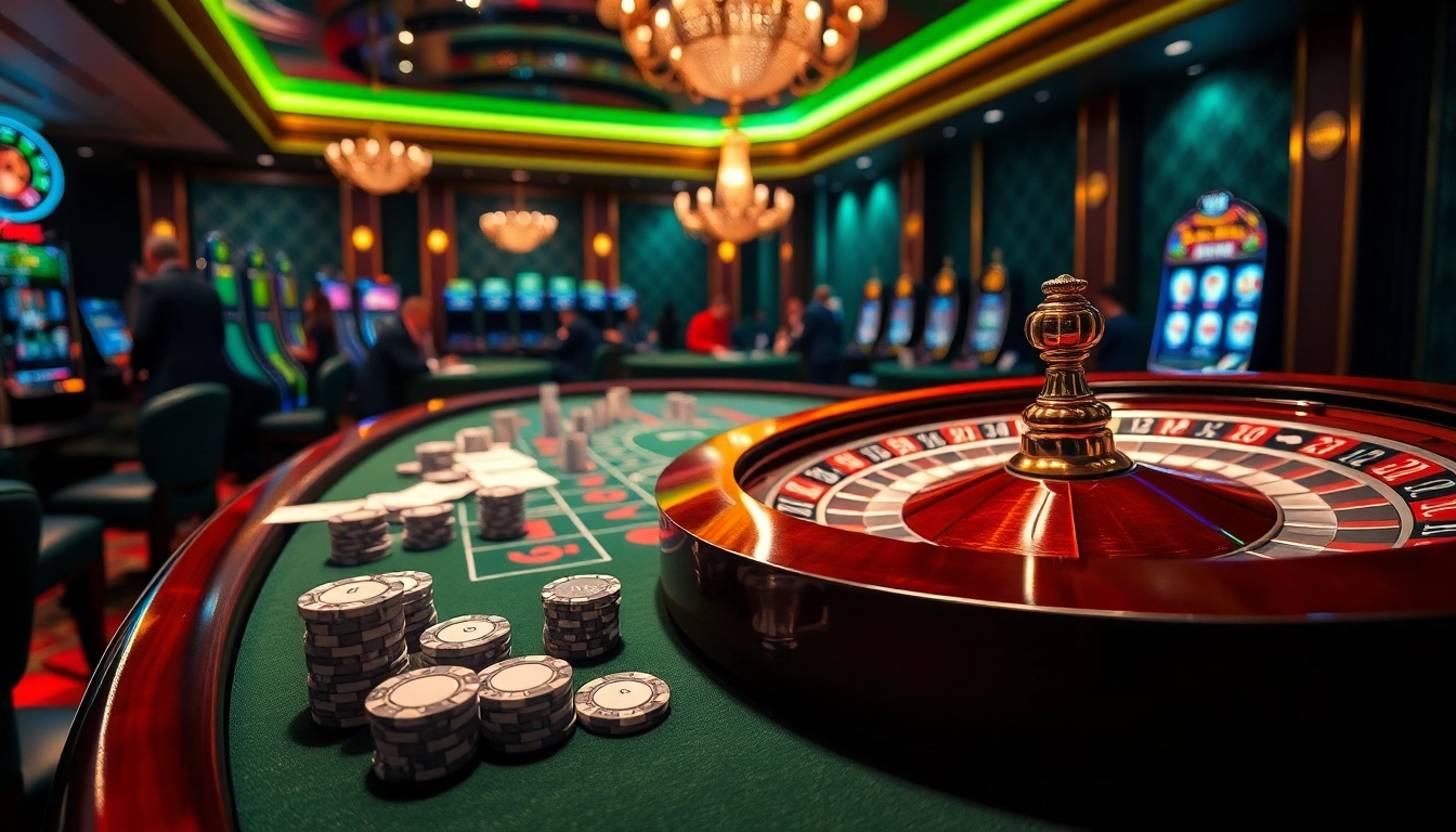 Experience high-stakes gaming at https://f8bet.ventures/, featuring poker chips and roulette wheels in an exciting casino atmosphere.