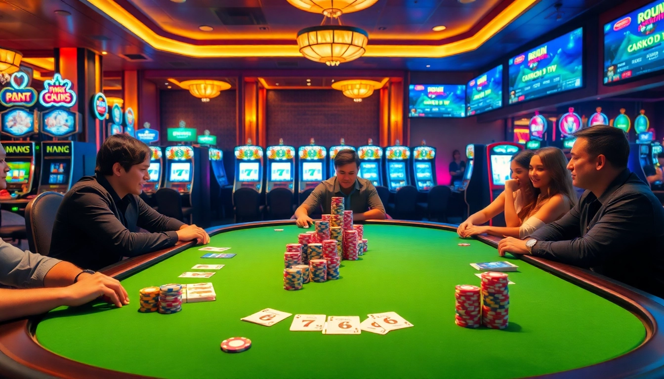 kèo nhà cái trực tiếp showcases players engaging in a lively poker game with vibrant chips and cards.