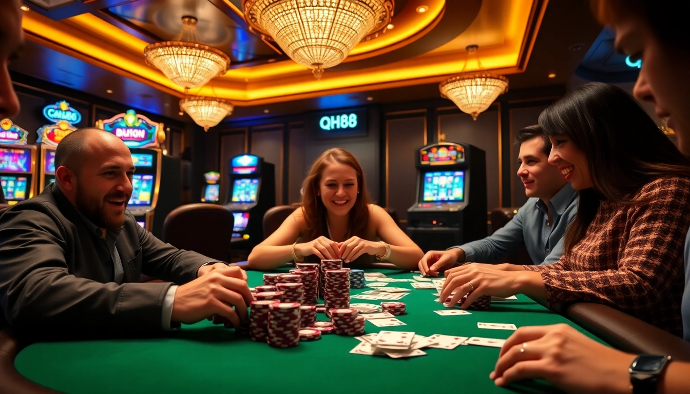 Exciting poker game scene at qh88 casino with vibrant chips and captivating players.