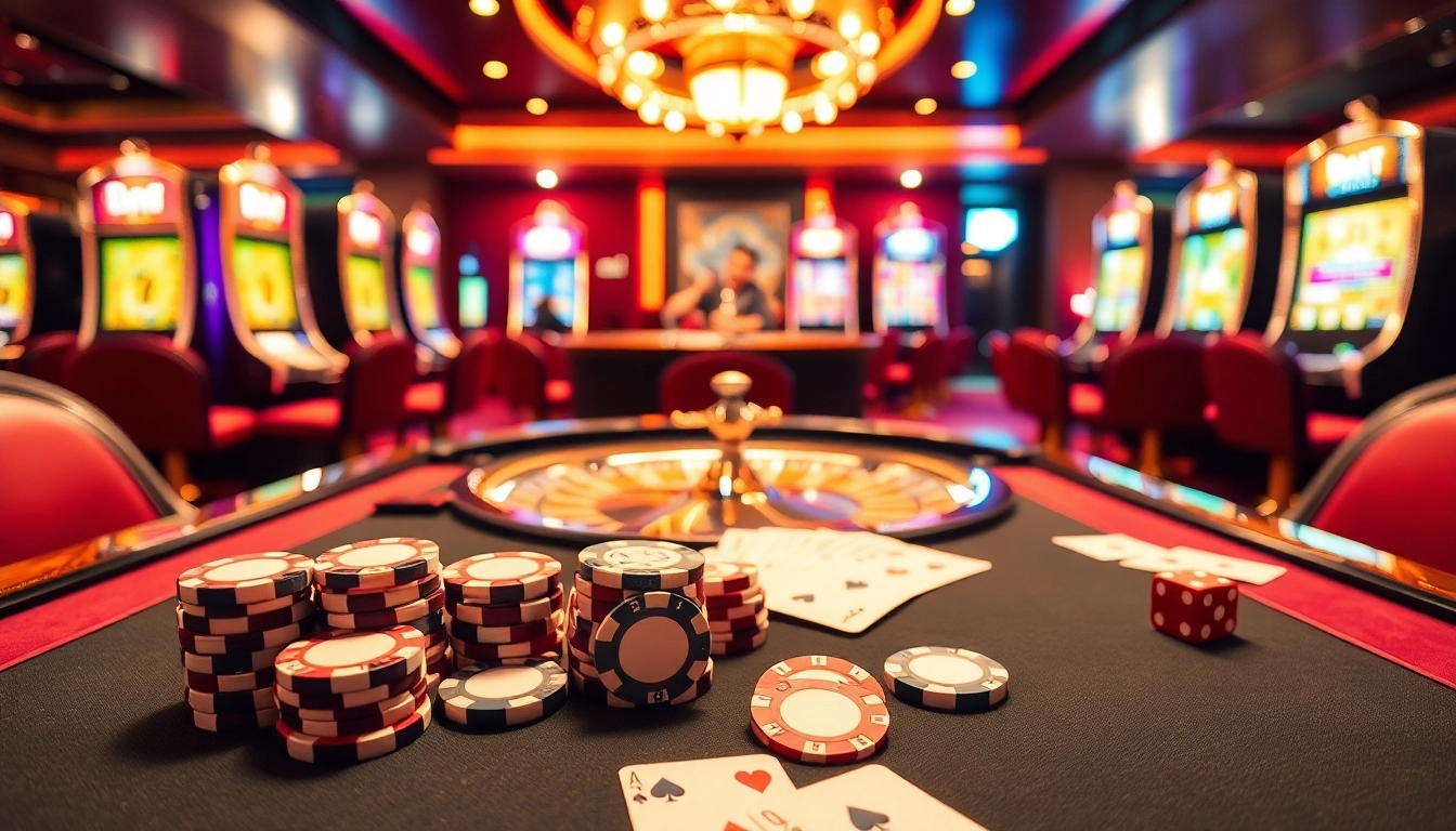 Experience the thrill of B52 Club with vibrant casino visuals showcasing poker and roulette.