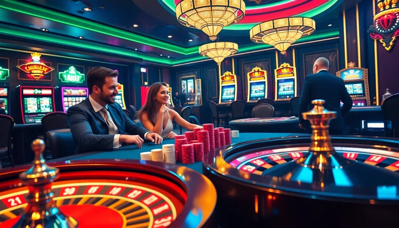 Exciting BL555 casino scene with poker, roulette, and vibrant slot machines.