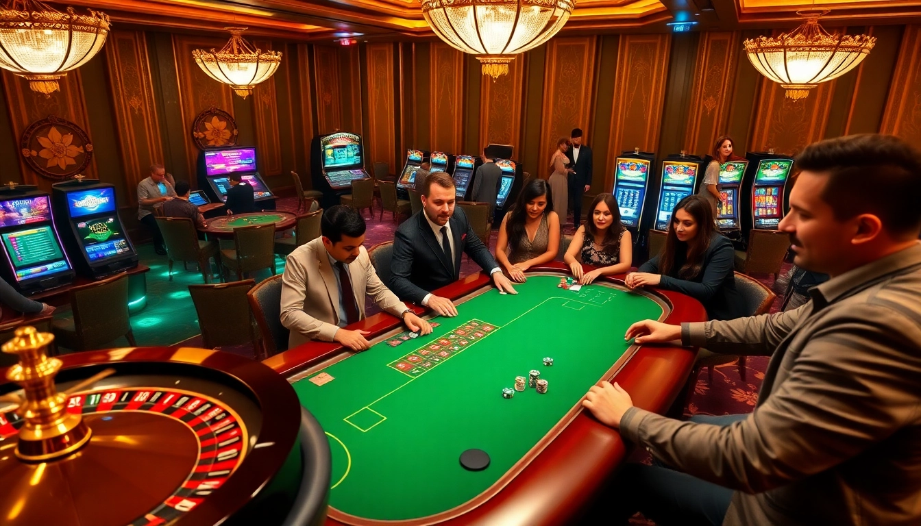 Players enjoying a thrilling game at GG88 COM online casino, featuring vibrant slot machines and poker tables.