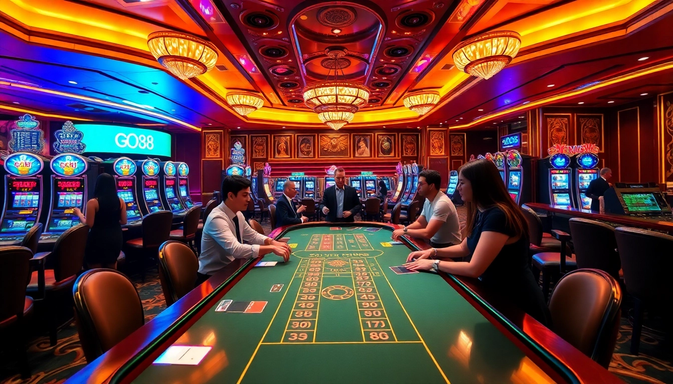GO88 casino gaming table with players and dealers showcasing high-stakes card games.