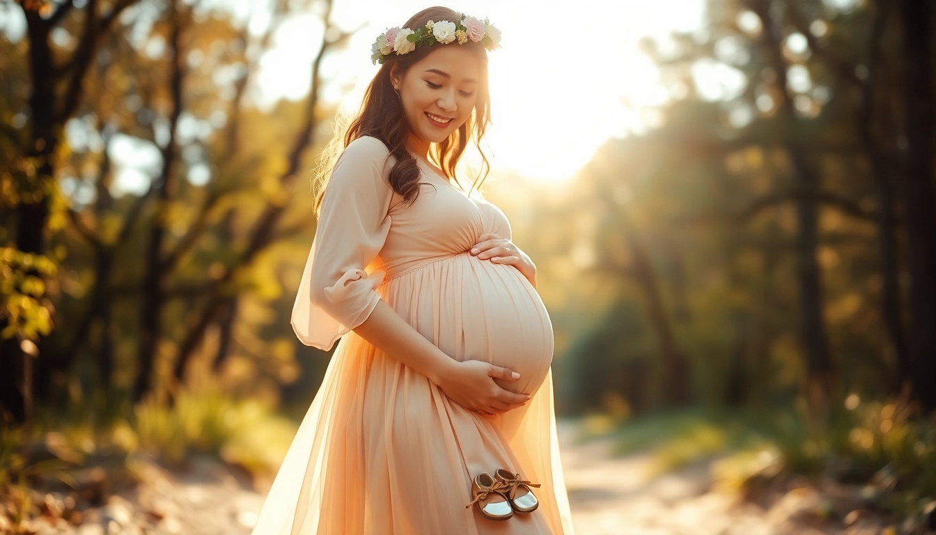 Schwangerschaftsfotografie einer lächelnden Mutter, die ihren Babybauch in der Natur umarmt.