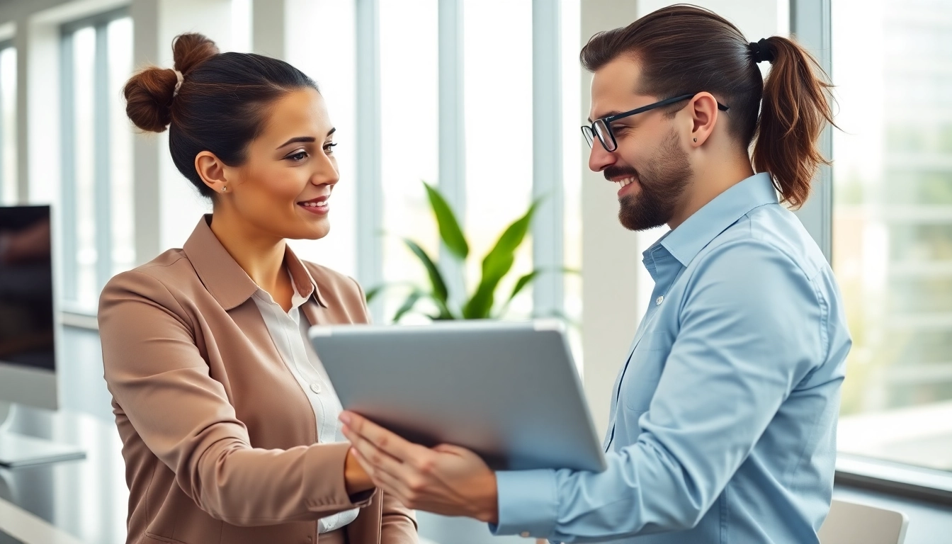 Headhunter IT in a modern office engaging with a candidate during recruitment.