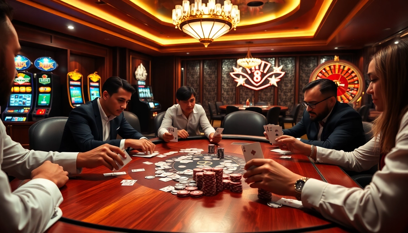 Experience the excitement of Trang chủ X88 with a thrilling poker game at a luxurious casino table.