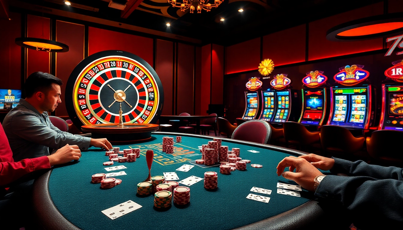 Engaging scene of players at a poker table showcasing the excitement of tại 789club gaming experience.