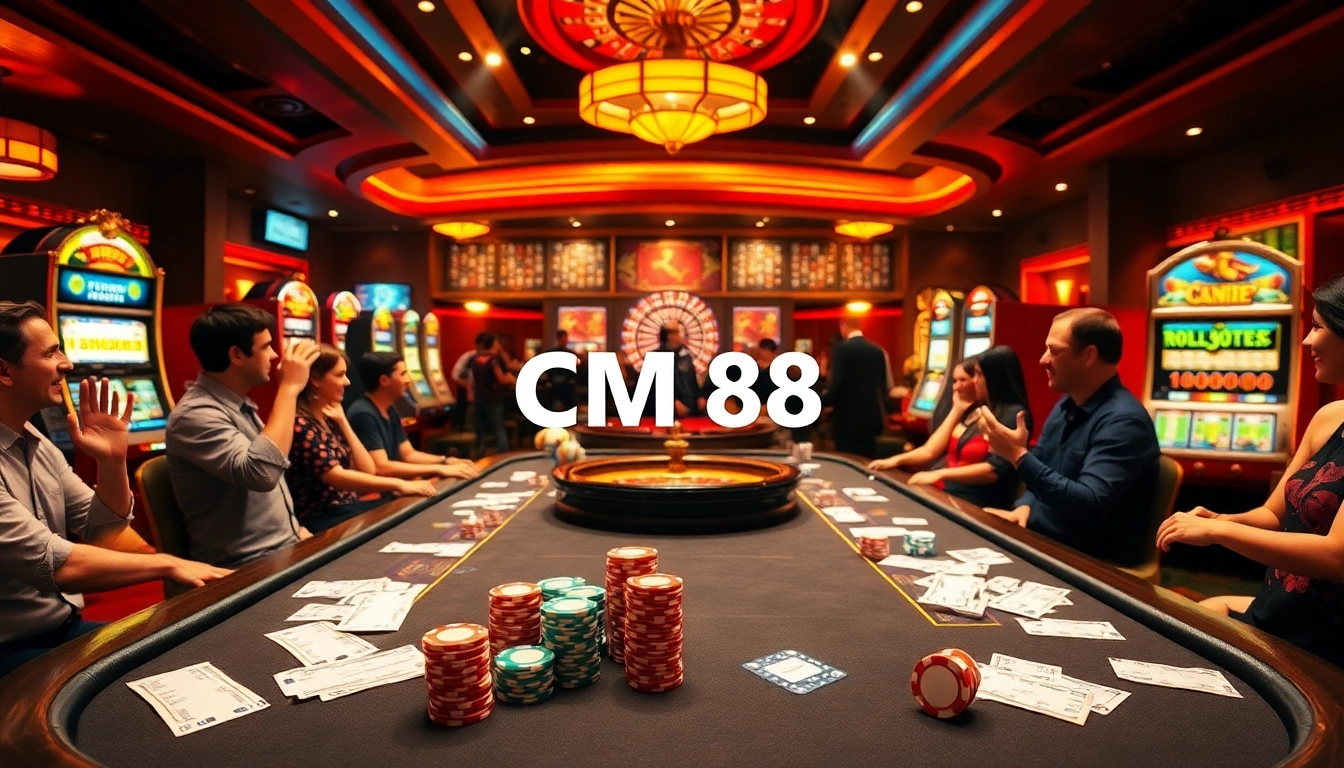 Players at a luxurious poker table enjoying a game with CM 88 chips and vibrant casino atmosphere.
