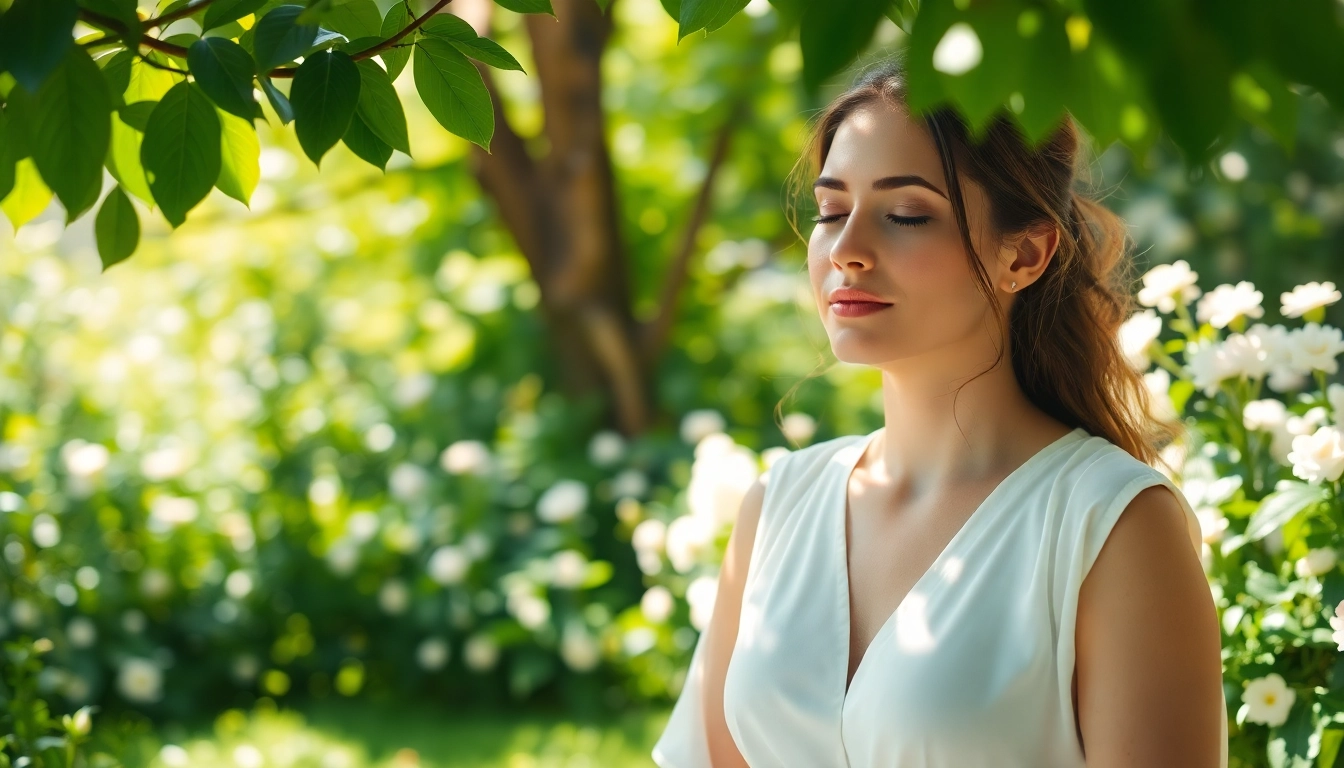 Practicing emotional wellbeing through meditation in a serene garden setting.