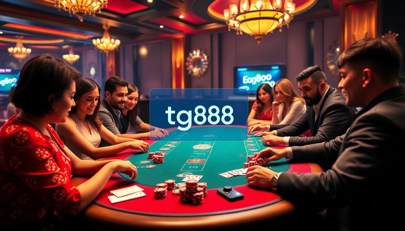 Experience a thrilling poker game scene with tg88 link showcased in an upscale casino setting.