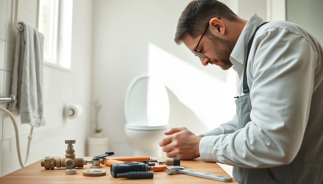 Plumber conducting toilet repair with tools visible in a bright, modern bathroom.