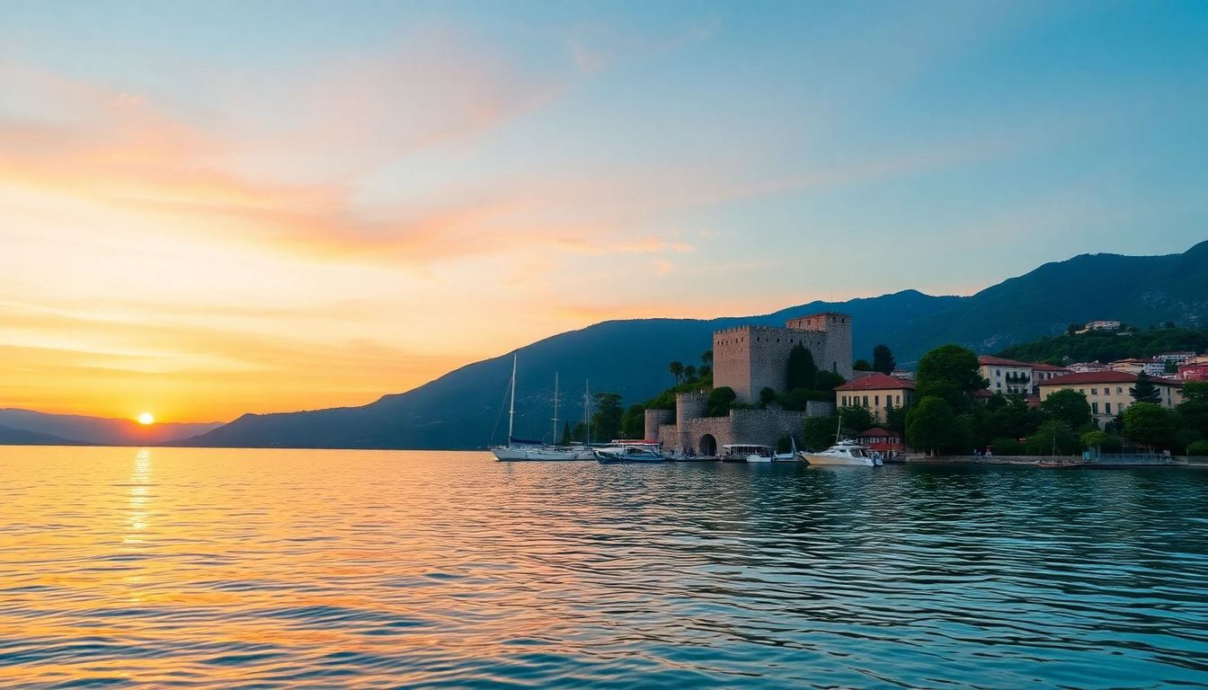 Spektakulärer Sonnenuntergang über dem Gardasee während des Urlaubs am Gardasee, mit der Festung von Sirmione und ruhigen Gewässern.