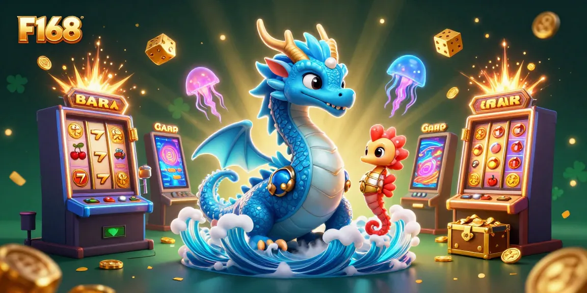 Experience the thrill of F168 with vibrant slot machines, a dragon, and exciting game elements.